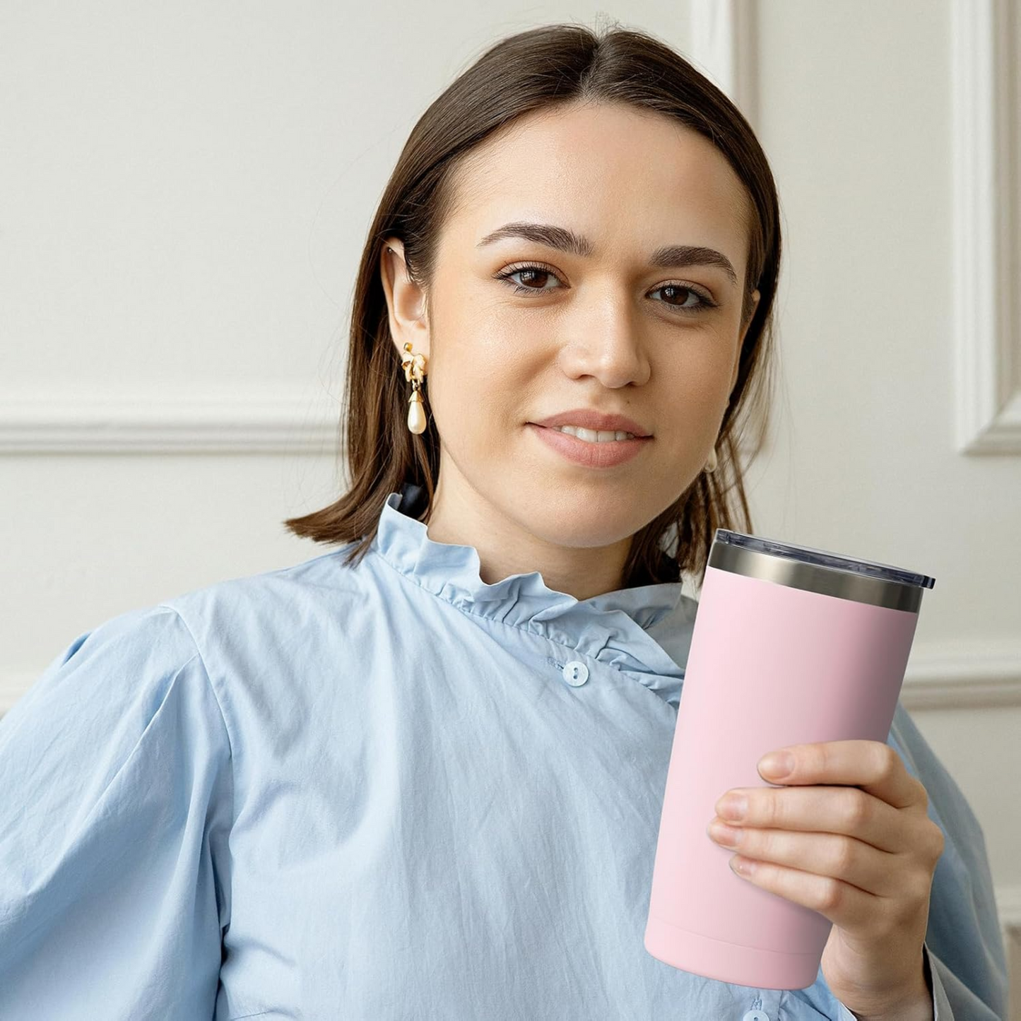 Light Pink 20 OZ Double Wall Stainless Steel Vacuum Insulated Tumbler Coffee Travel Mug With Lid, Durable Powder Coated Insulated Coffee Cup for Cold & Hot Drinks