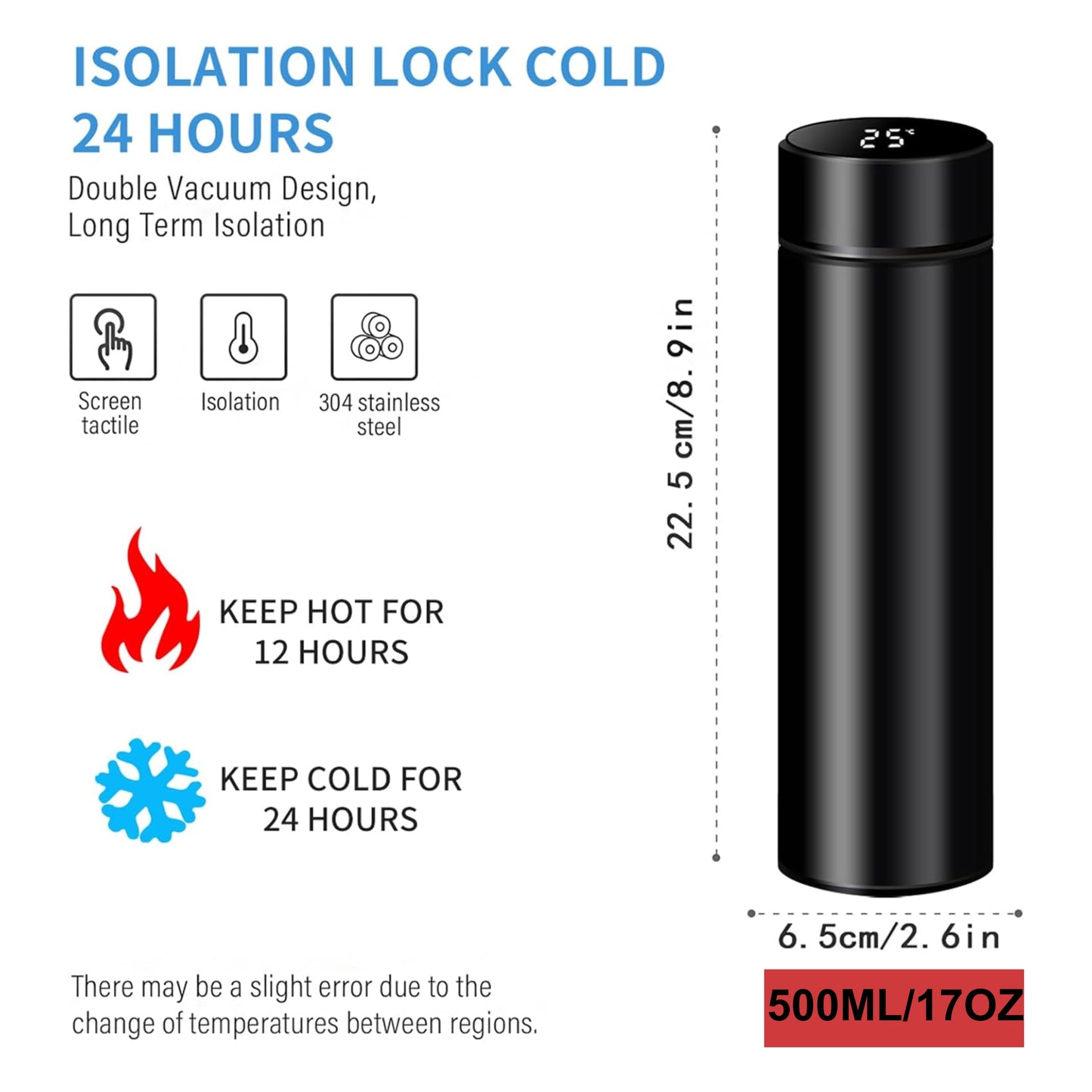 LED Touch Stainless Steel Insulated Water Bottle - Black/500ML