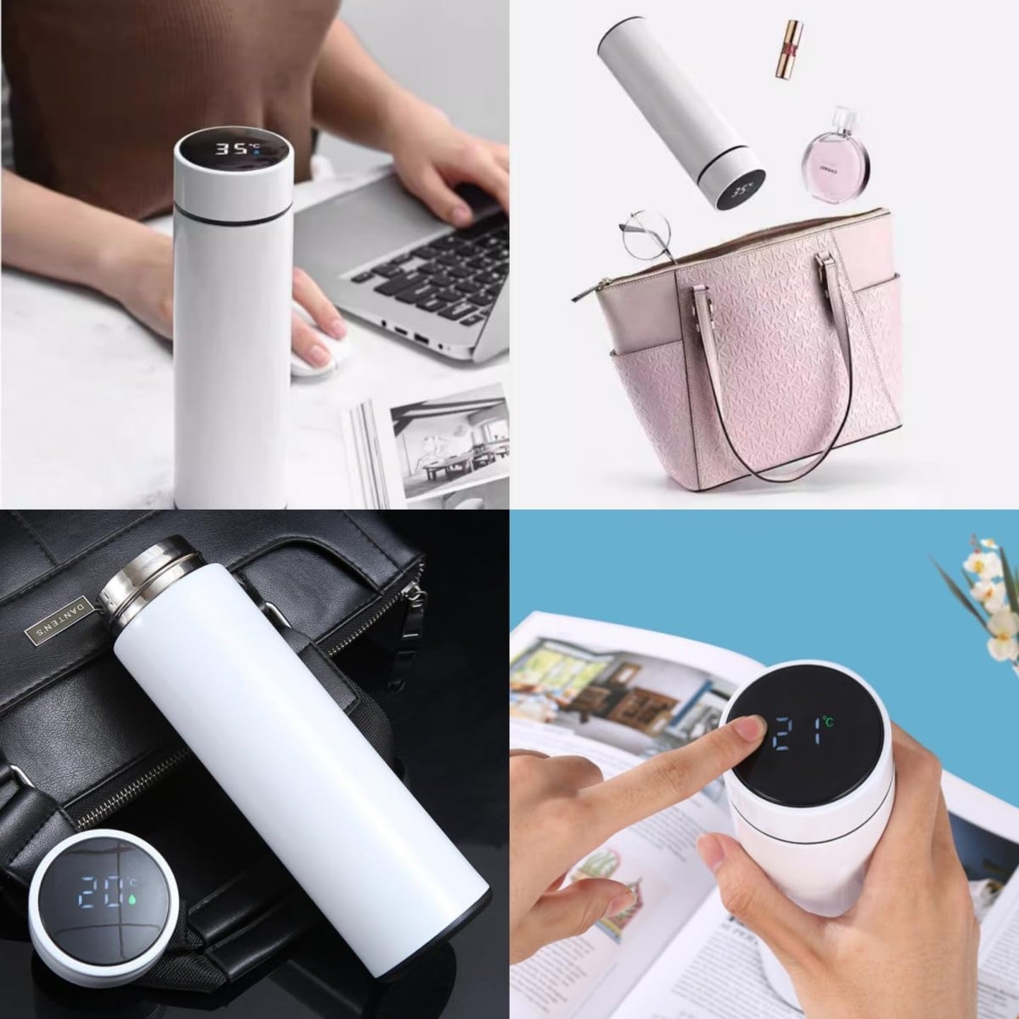 LED Touch Stainless Steel Insulated Water Bottle - White/500ML