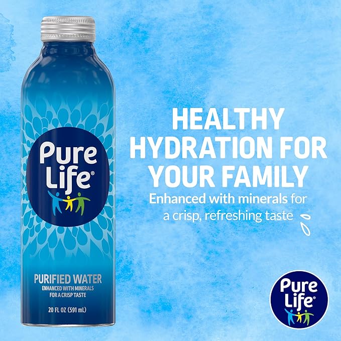 Pure Life Purified Bottled Water, 3-Pack - Still Bottled Drinking Water Enhanced with Minerals for a Crisp Taste, Aluminum Bottles - 20 fl oz