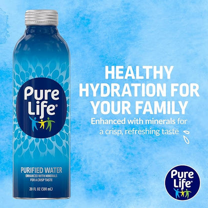 Pure Life Purified Bottled Water, 3-Pack - Still Bottled Drinking Water Enhanced with Minerals for a Crisp Taste, Aluminum Bottles - 20 fl oz